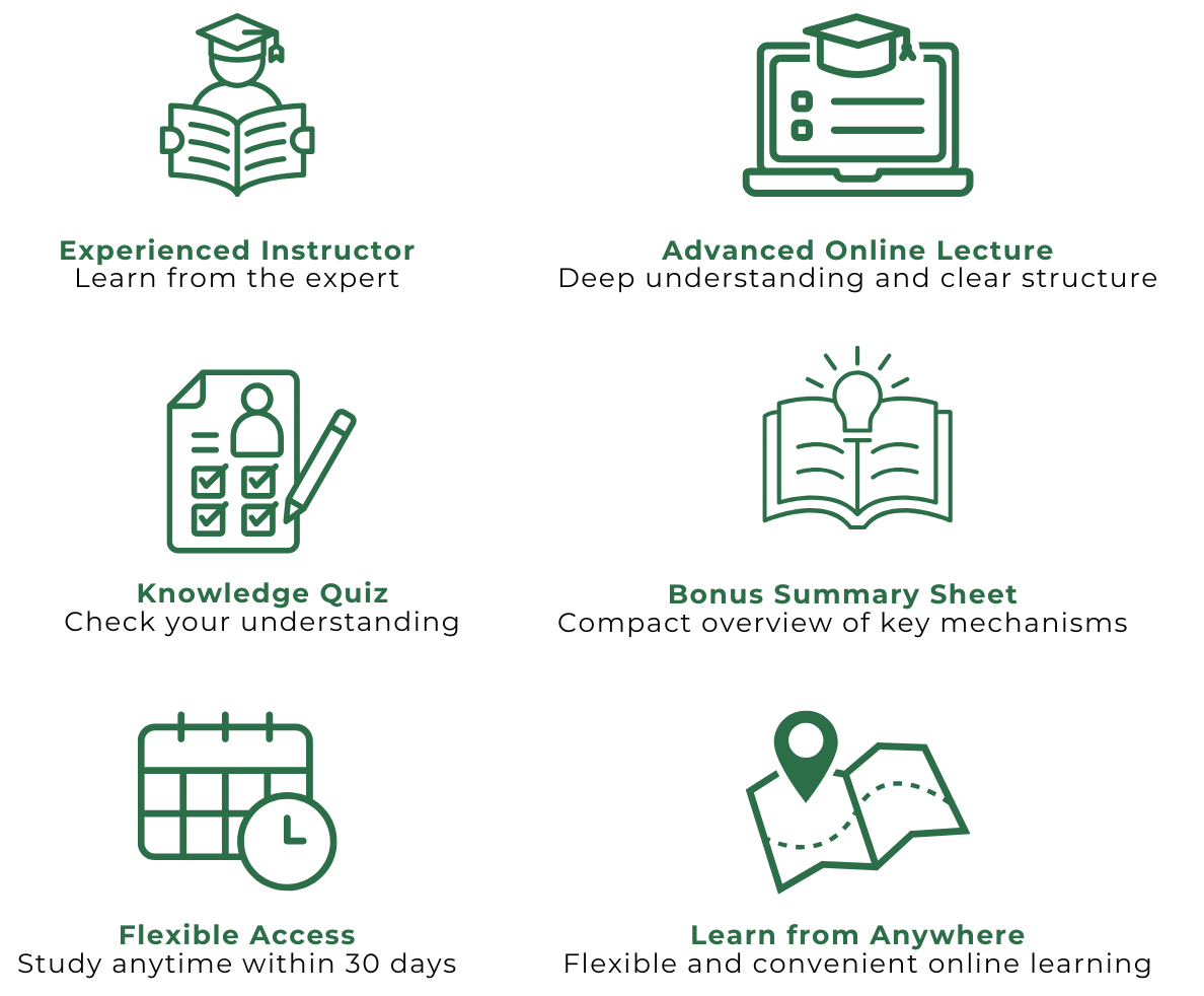 Experienced Instructor, Advanced Online Lecture, Knowledge Quiz, Bonus Summary Sheet, Flexible Access, Learn from Anywhere