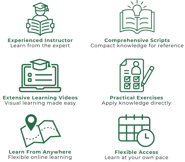 Experienced Instructor, Comprehensive Scripts, Extensive Learning Videos, Practical Exercises, Learn from anywhere, Flexible access